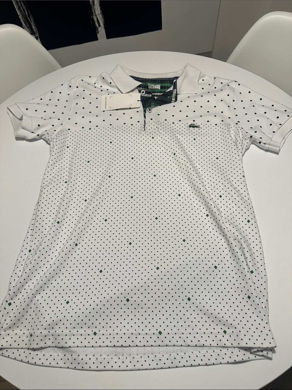 Lacoste White Polo with Green Dot Pattern